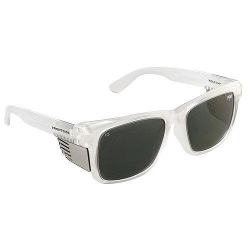 SAFETY GLASSES FRONTSIDE POLARISED SMOKE LENS WITH CLEAR FRAME