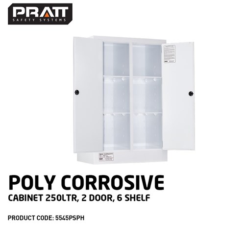 CORROSIVE SUBSTANCE STORAGE CABINET: POLYPROPYLENE - 250L - 2 DOORS - 6 SHELVES