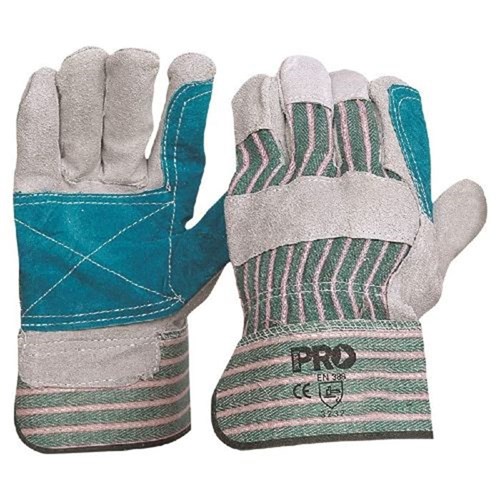 Green & Grey Striped Cotton / Leather Gloves Large